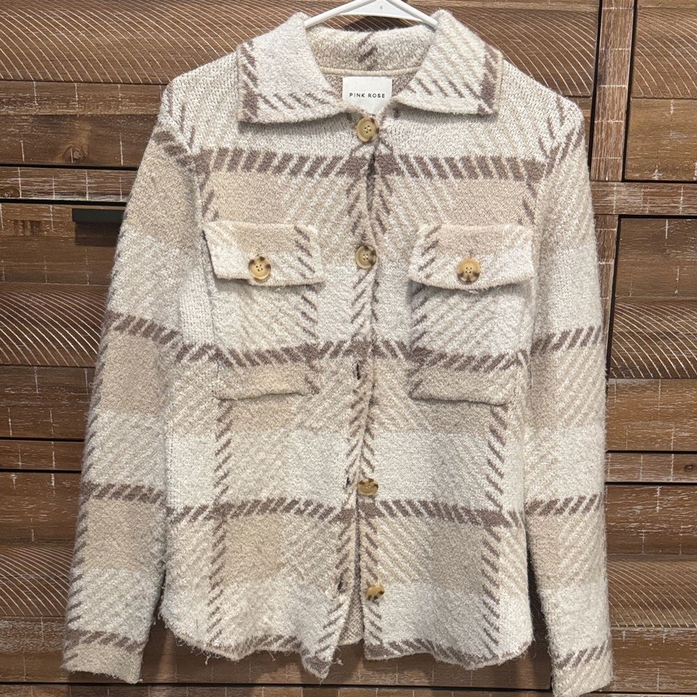 Pink Rose Beige Plaid Cardigan
